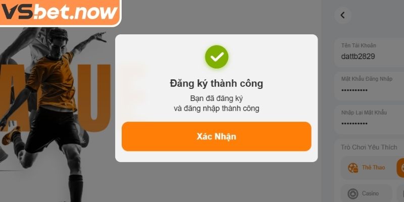 Hoàn thành đăng ký VSBET